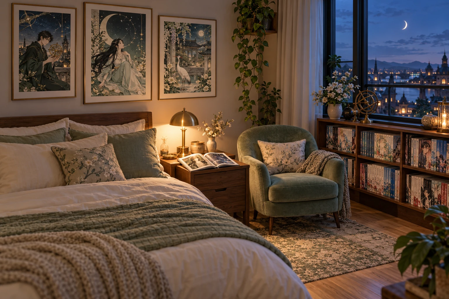 Original AI concept of an ivory and sage anime room with celestial character prints, manga shelves, a reading chair and an open comic